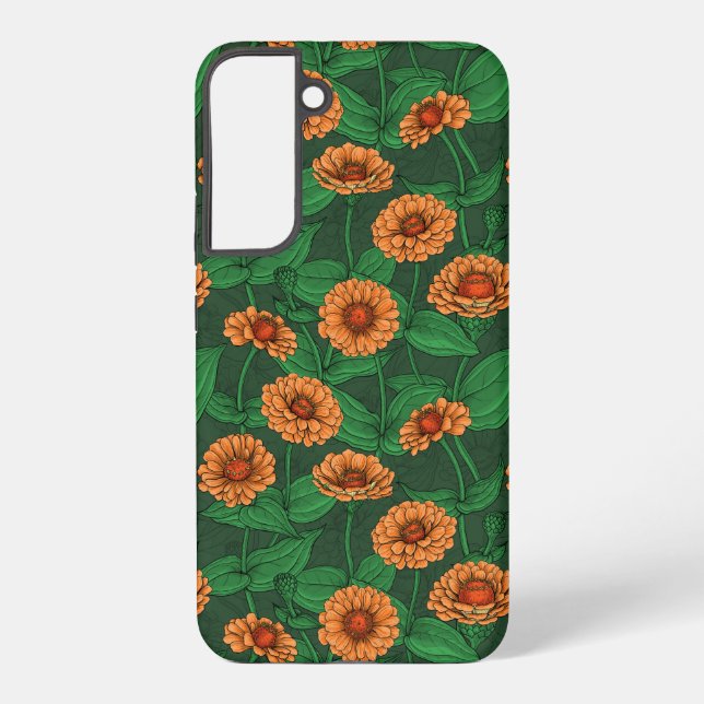 Coque Samsung Galaxy Fleurs Zinnia orange, feuilles verts sur vert fonc (Verso)