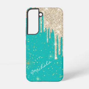 Coque Samsung Galaxy Gouttes de paillettes argentées etoile bleu aqua