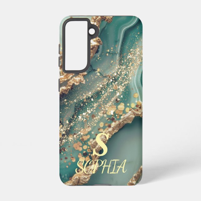 Coque Samsung Galaxy Green marble chic gold glitter monogram (Verso)