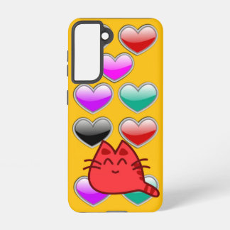 Coque Samsung Galaxy Light Orange Galaxy Case – Red Cat & Heart Design