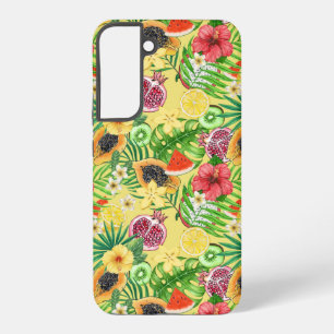 Coque Samsung Galaxy Mix-fruit tropical, fleurs et feuilles sur jaune