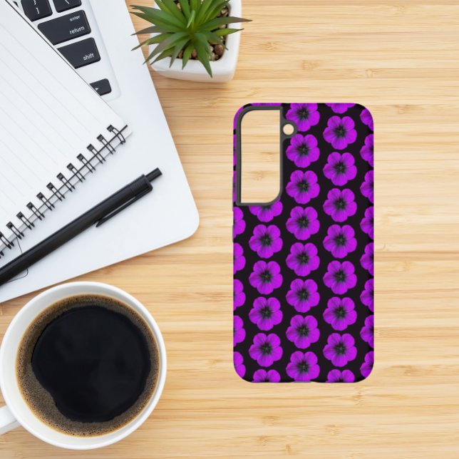 Coque Samsung Galaxy Modèle floral de géranium violet sur noir (In Situ)