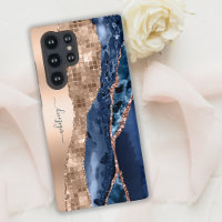 Moderne Indigo Blue Agate & Rose Gold Confetti Lea