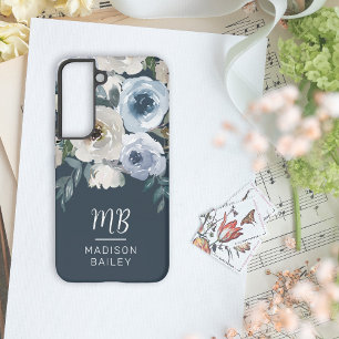 Coque Samsung Galaxy Monogramme aquarelle florale bleu marine élégant