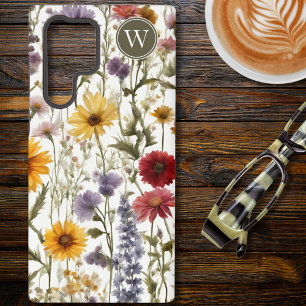 Coque Samsung Galaxy Monogramme de champ de fleurs sauvages de campagne