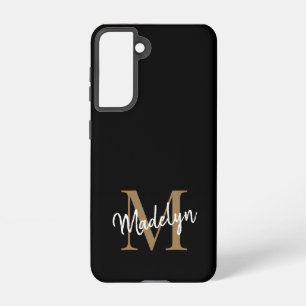 Coque Samsung Galaxy Monogramme d'or noir moderne Nom du script féminin