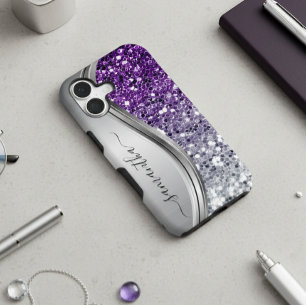 Coque Samsung Galaxy Monogramme manuscrit Paillettes Violet Argent 