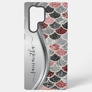 Coque Samsung Galaxy Monogramme Mermaid Scale Pailleté Rose Argent Nom