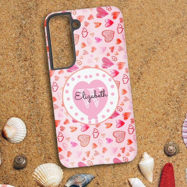 Coque Samsung Galaxy Motif de coeur rose coloré Monogramme Coeur blanc (Personalize case for your new phone or as a sweet custom gift. Available for other phone styles.)