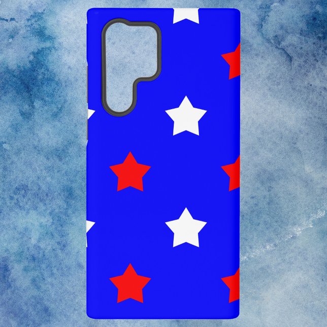 Coque Samsung Galaxy Motif étoile rouge blanc et bleu (A phone case with a pattern of red and white stars on a blue background.)