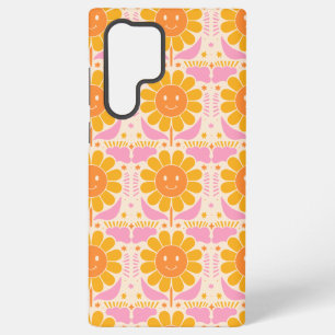 Coque Samsung Galaxy Motif Fleur Visage Heureux Rose Jaune Rétro