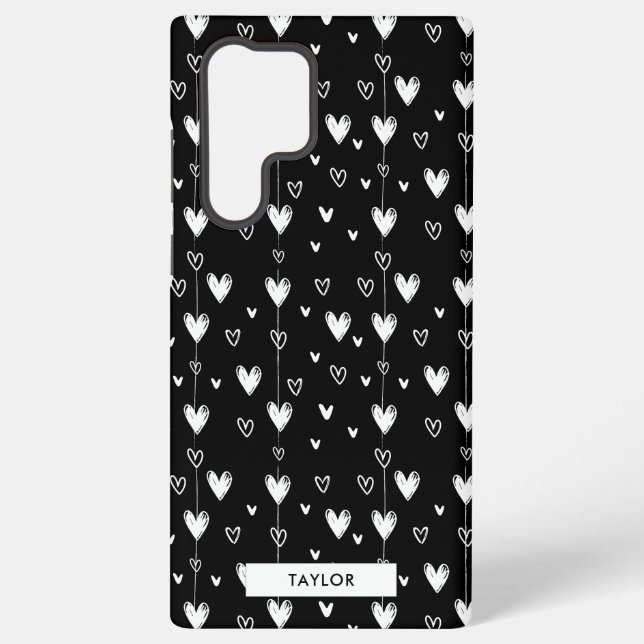 Coque Samsung Galaxy Noir Blanc Doodle Hearts Motif Monogramme Nom (Verso)