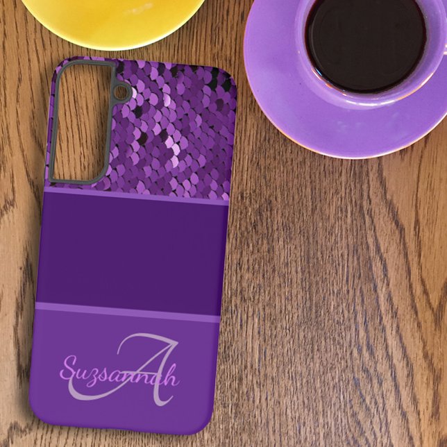 Coque Samsung Galaxy Nom du monogramme personnalisé Séquines violettes  (Créateur téléchargé)