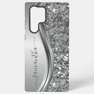 Coque Samsung Galaxy Nom manuscrit Métal argenté Faux paillettes