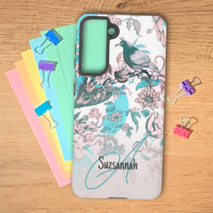 Coque Samsung Galaxy Oiseau rose bleu et motif floral Monogramme person