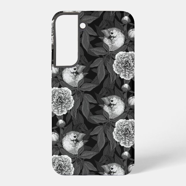Coque Samsung Galaxy Oiseaux et fleurs de pivoines monochromes, gris (Verso)