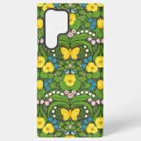 Pansies jaunes, oiseaux et papillons