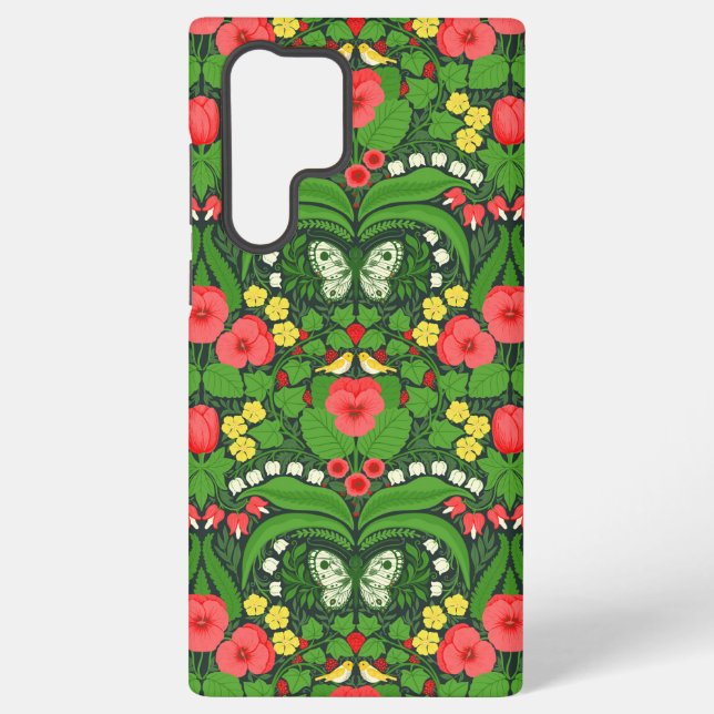 Coque Samsung Galaxy Pansies rouges, oiseaux et papillons (Verso)