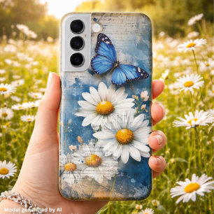 Coque Samsung Galaxy Papillon bleu vintage et marguerites – Cottagecore