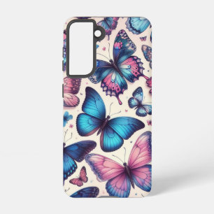 Coque Samsung Galaxy Papillons d'été ; motif en rose et bleu
