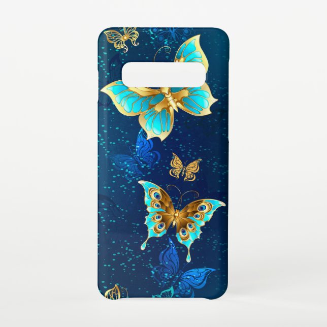 Coque Samsung Galaxy Papillons d'or sur un Arrière - plan bleu (Dos)