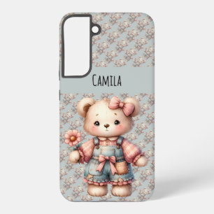 Coque Samsung Galaxy Pastel Teddy Bear Holding Flower Wear Overalls
