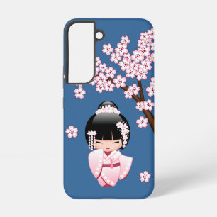 Coque Samsung Galaxy Poupée Kokeshi Kawaii Kimono Rose sur Fond Bleu