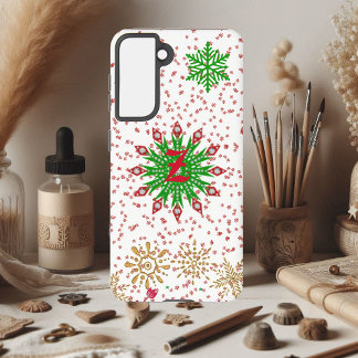 Coque Samsung Galaxy Red Green Golden Snowflakes Xmas Custom Monogramme