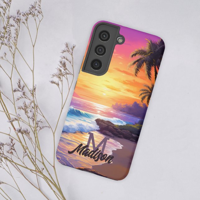 Coque Samsung Galaxy Retro Cool Tropical Beach Sunset Monogramme Ajoute (Créateur téléchargé)