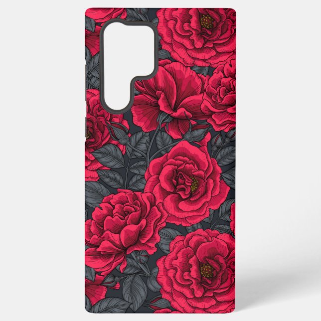 Coque Samsung Galaxy Roses rouges avec feuilles gris sur noir (Verso)