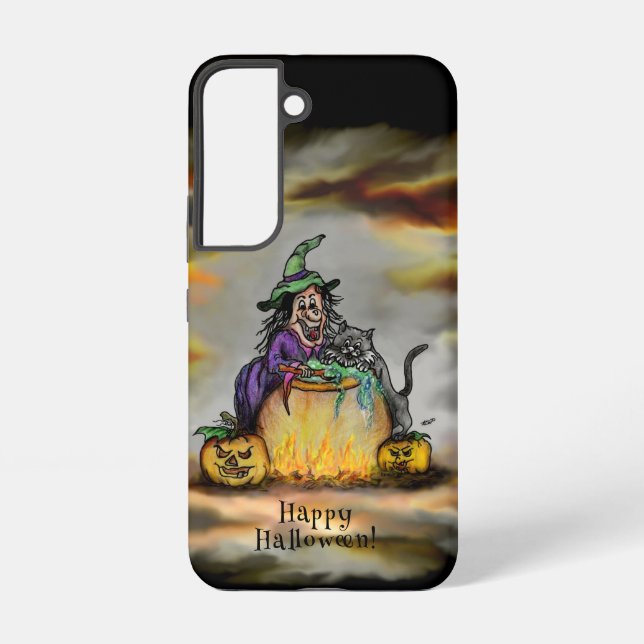 Coque Samsung Galaxy Sorcière et chat noir, Happy Halloween ! (Verso)