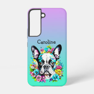 Coque Samsung Galaxy Terrier de Boston entouré de fleurs personnalisées