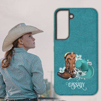 Coque Samsung Galaxy Texture cuir cowgirl marron turquoise
