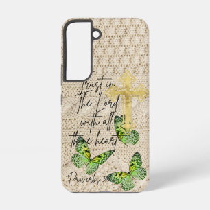 Coque Samsung Galaxy Tricot chrétien féminin Croix Papillon Vert