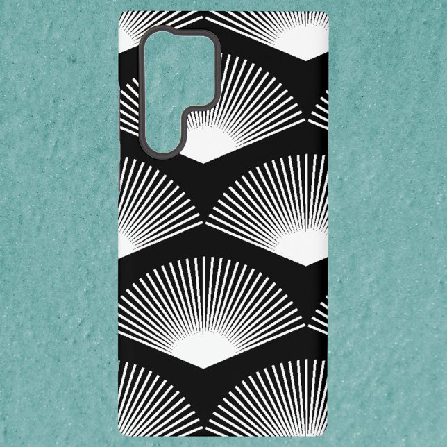 Coque Samsung Galaxy Ventilateur Art déco Motif noir et blanc (A phone case with a white fan art deco pattern on a black background.)