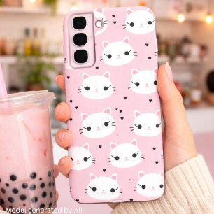 Coque Samsung Galaxy Visages de Chat Kawaii avec des Cœurs – Motif Rose