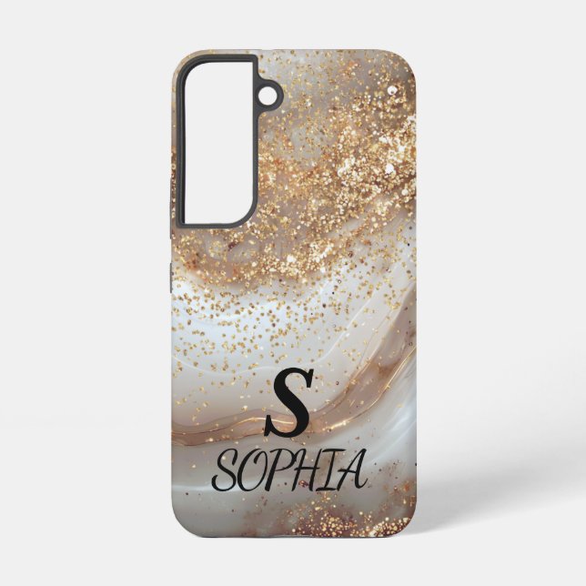 Coque Samsung Galaxy white marble chic gold glitter monogram (Verso)