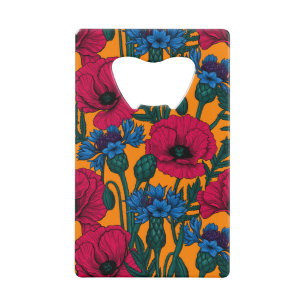 Coquelicots rouges et fleurs de maïs bleues sur or