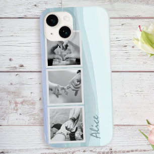 Coque Pour iPhone 14 3 Photo Collage et nom Trendy Aqua Blue