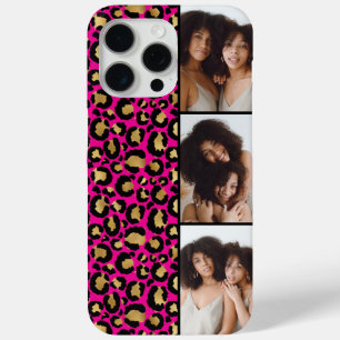Coque iPhone 15 Pro Max 3 Photo Rose Chaud Et Imprimé Léopard Doré