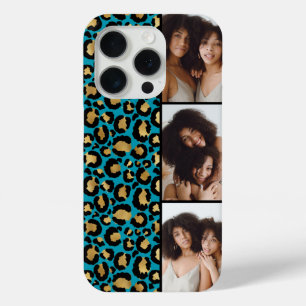 Coque iPhone 15 Pro 3 Photo Turquoise Et Imprimé Léopard Doré