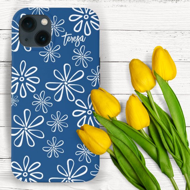 Coques Case-Mate iPhone 60s Vibe Retro Blanc et bleu Floral (Créateur téléchargé)