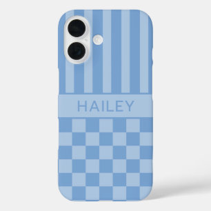 Coques iPhone 16 À carreaux bleus rayés Personnalisé