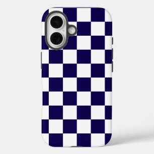 Coques iPhone 16 à damiers bleu foncé et blanc