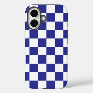 Coques iPhone 16 à damiers bleu foncé et blanc