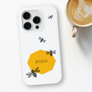 Coque iPhone 15 Pro Abeille Jaune Nom Personnalisé Moderne Nid d'Abeil