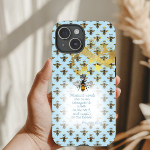 Coque Pour iPhone 15 Abeille Reine de Foi Grille Luxe Pastel Bleu Or
