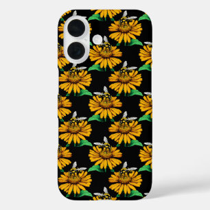 Coques iPhone 16 Abeille sur Tournesol Fleur Motif Design Noir