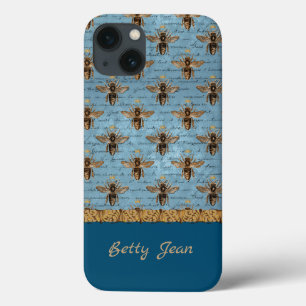 Case-Mate iPhone Case Abeilles vintages sur Damas bleu avec écriture ma