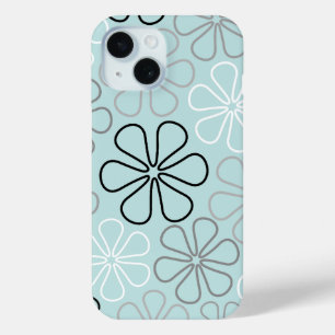 Coque Pour iPhone 15 Abstrait Big Flower Outlines BWG+Duck Egg Blue